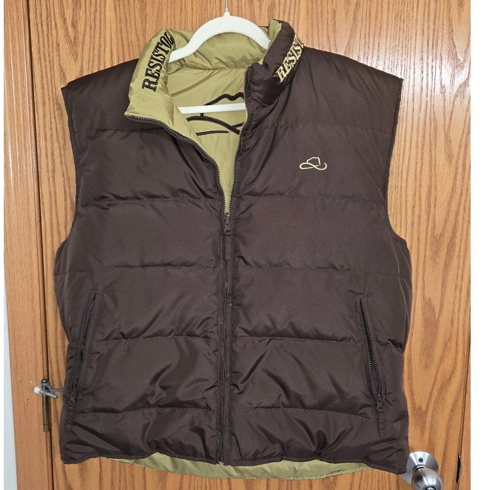 Resistol Ranch Mens Brown/Green Reversible Puffer Vest Down Fill size Large